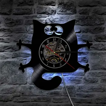 Smešno Black Cat Wall Art Ura Mačka Mijav Vinil Zapis Stenska Ura Za Dnevno Sobo, Kuhinjo, Cuadros Dekor Darilo Za Kitty Cat Lovers