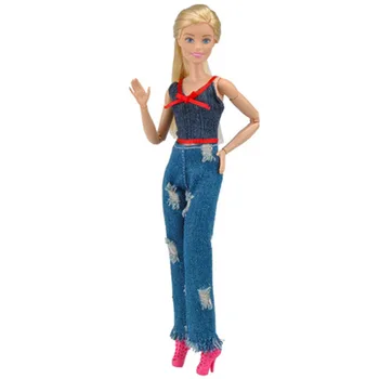 1Set Moda Obleko Za Barbie Lutka Kratek Top & Jeans Hlače Hlače Ročno izdelana Oblačila Za Barbie Lutke 1/6 Lutka Dodatki